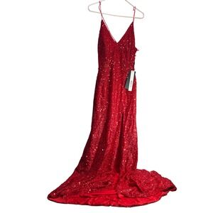 RYANTH Red Sparkle Sequin Full Length Gown Dress Spaghetti Strap High Slit